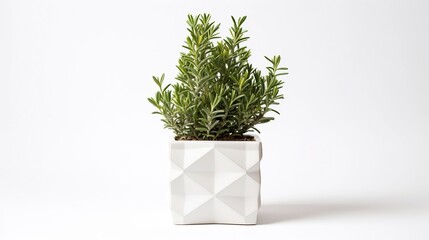 Elegant and Minimalist Rosemary Topiary Plant in a Geometric Planter Displayed on a Clean White Background Perfect for Home or Office Decor