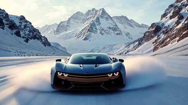 A sleek futuristic car driving through a snowy mountainous landscape