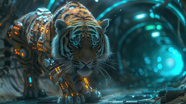 Cybernetic tiger in futuristic setting.