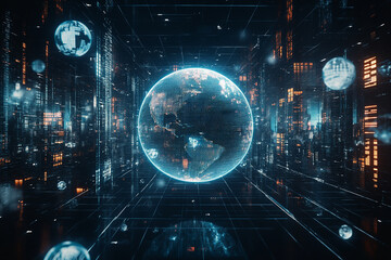 Obraz premium Digital globe on a digital floor, city background with buildings and lights, global network concept