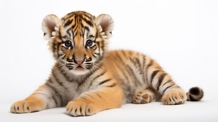 Obraz premium Portrait of a Playful and Cute Tiger Cub Lying Down on a Clean White Background Showcasing the Feline s Furry Texture Whiskers and Paws