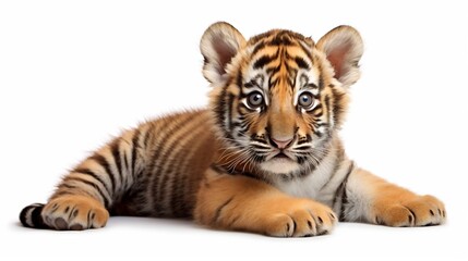 Obraz premium Adorable Tiger Cub Relaxing on Clean White Background Playful Young Big Cat Predator Lying Down with Paws and Striped Fur