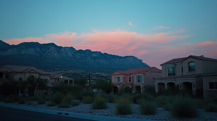 Obraz premium Mountain View Homes Sunset Hues Desert Landscape