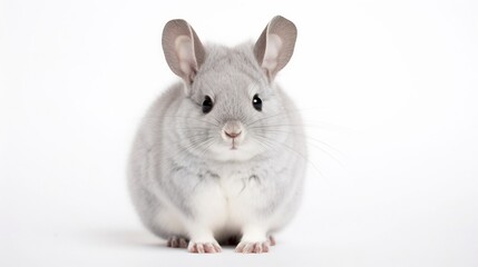 Obraz premium Closeup Portrait of an Adorable Fluffy Grey Chinchilla Sitting on a Clean White Background with a Soft Cozy and Approachable Expression