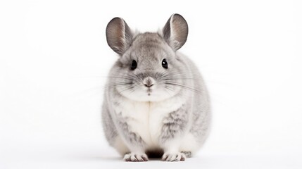 Closeup Portrait of a Fluffy and Soft Gray Chinchilla Sitting on a White Background Perfect for Adorable Pet or Domestic Animal Imagery