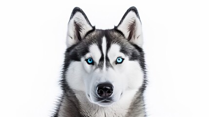 A striking portrait of a majestic Siberian husky with piercing blue eyes against a pure white background showcasing the breed s powerful yet graceful presence and captivating gaze