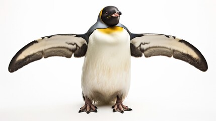Curious and Playful Penguin with Slightly Outstretched Wings Posed on a Clean White Background Showcasing the Adorable Flightless Seabird s Tuxedo Like Appearance and Waddling Movement