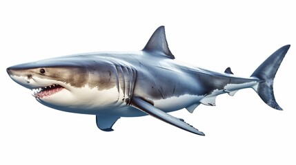 Fototapeta premium A majestic great white shark gracefully gliding through the water against a clean minimalist white background showcasing the power and elegance of this iconic ocean predator in a manner