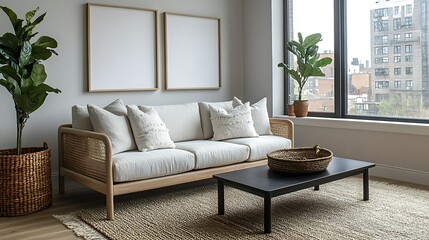 Modern living room interior with white sofa, plants, and large windows offering city view.