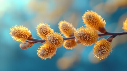 Obraz premium Golden willow catkins on a branch against a blue bokeh background.