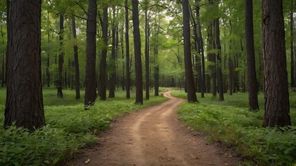 Fototapeta premium Serene Forest Path with Lush Greenery and Sunlit Woodland V1
