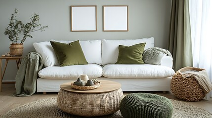 Modern living room interior with white sofa, green cushions, wooden coffee table, and woven baskets.