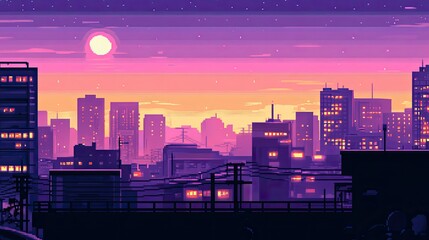 Pixelated Cityscape at Sunset with a Full Moon