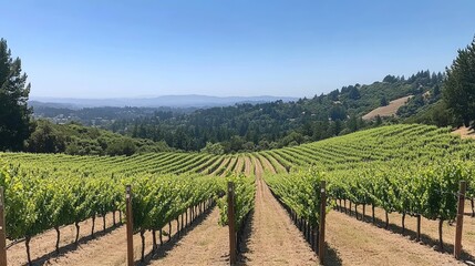 Fototapeta premium Vineyard Rows Stretch Towards Distant Hills Under Blue Sky