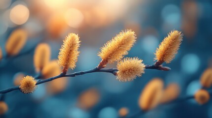 Golden willow catkins blooming on a branch at sunset.