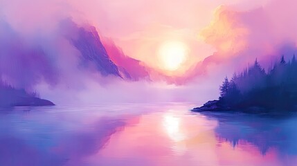 Obraz premium Serene Sunrise Over Misty Mountain Lake