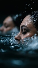 A serene moment underwater featuring two women with closed eyes, captured in mesmerizing water bubbles and reflections.