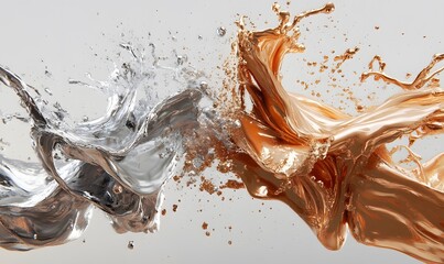 Abstract silver and gold liquid collision splash.