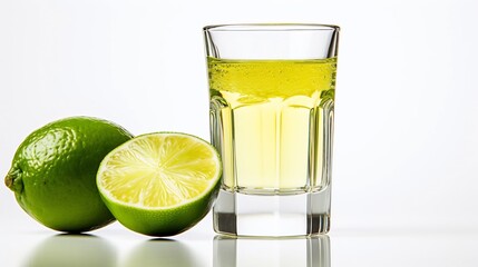 Tequila shot glass with lime wedge on a simple minimalist white background  Classic Mexican liquor with citrus garnish perfect for bar party or restaurant menu imagery