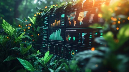 Digital dashboard among lush green foliage.