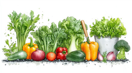 Watercolor illustration of fresh vegetables in garden