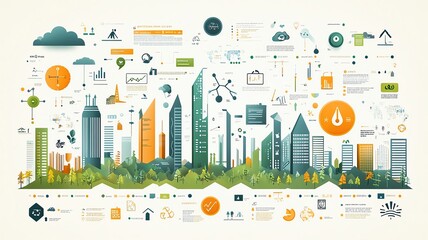 Obraz premium Urban skyline with modern buildings and icons.