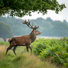 Fototapeta premium deer on the green background during the deer