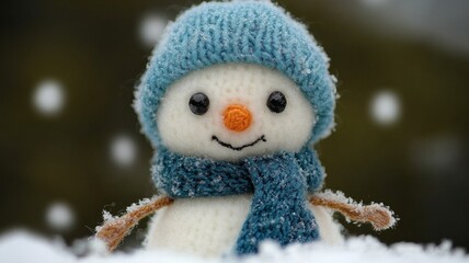 Adorable Knitted Snowman In Winter Snow