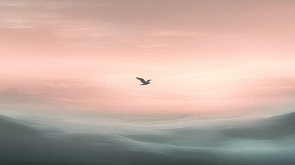 Solitary Bird Soaring Above Pastel Mountainscape
