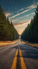 Fototapeta premium A cinematic, high-res image of a straight road leading to the horizon, surrounded by trees. 