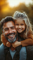 Fototapeta premium Happy Father and Daughter Outdoors at Sunset