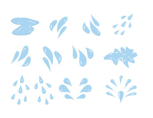 Hand drawn waterdrop illustration. Set of versatile water splash vector illustrations. Collection of light blue water droplet and splash vector graphics.