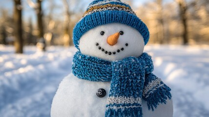 A cheerful snowman wears a blue knitted hat and scarf