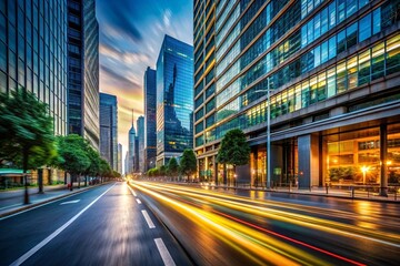 Obraz premium A modern city street with illuminated skyscrapers at night