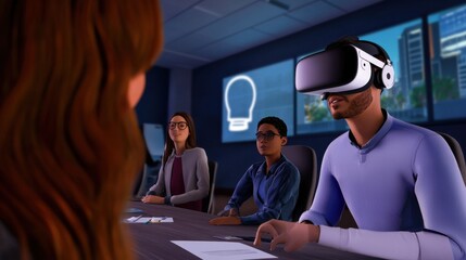 A group meeting where one participant uses virtual reality goggles, showcasing technology's role in collaborative environments.