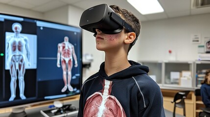 A boy wearing a VR headset explores human anatomy displayed on a screen in a classroom setting.