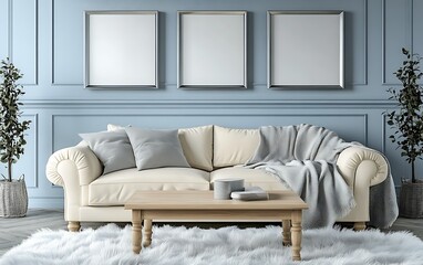 Elegant living room with cream sofa, light wood coffee table, gray throw, and three blank frames on a blue wall.