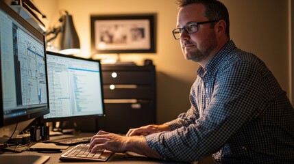 A focused man works on his computer, analyzing data or designs, in a dimly lit office with dual monitors.