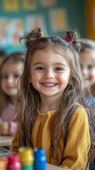 Happy Preschool Girl Painting  Smiling Child in Classroom