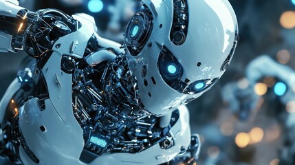 Fototapeta premium A futuristic robot with blue glowing eyes and intricate metallic details stands amidst a blurred background of similar robots.