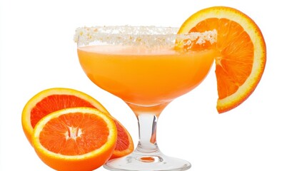 Refreshing orange cocktail in a coupe glass, garnished with orange slice and sugar rim.