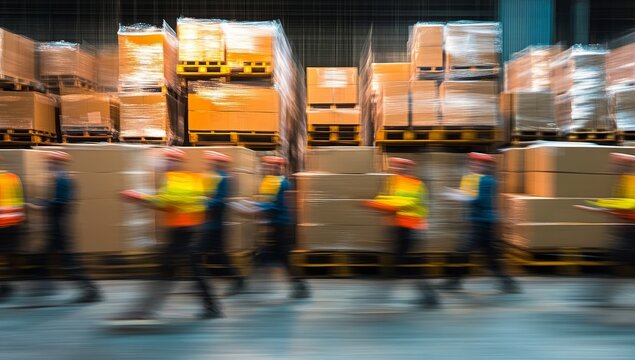 Blurred motion of warehouse workers moving pallets of boxes. (1)