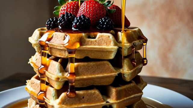Video footage of stack of golden waffles topped with fresh strawberries and blackberries, drizzled with syrup, creating a visually appealing and mouth-watering breakfast dish