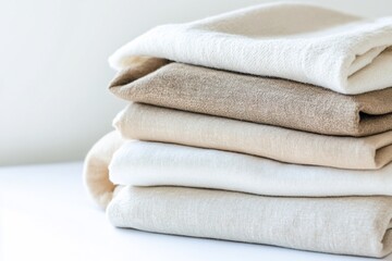 A neatly stacked arrangement of soft, neutral-toned linens.