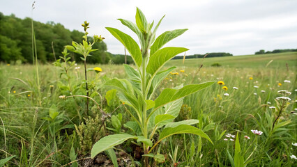 Young Cassava Plant Growing in Lush Green Hills of a Scenic Countryside Landscape