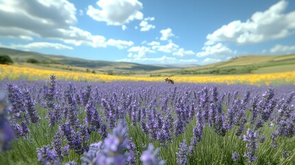 Naklejka premium Lavender field with bee, sunny day, hills.