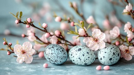 Obraz premium Pastel Easter eggs with spring blossoms.