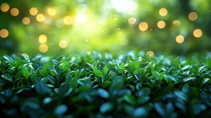 Obraz premium Lush green foliage with bokeh lights.