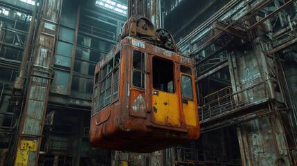 Heavy-Duty Factory, A detailed inside view of a crane operator's cabin in a heavy-duty factory setting, showcasing industrial equipment and workspace design.