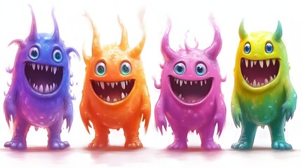 Four cute cartoon monsters in vibrant colors.